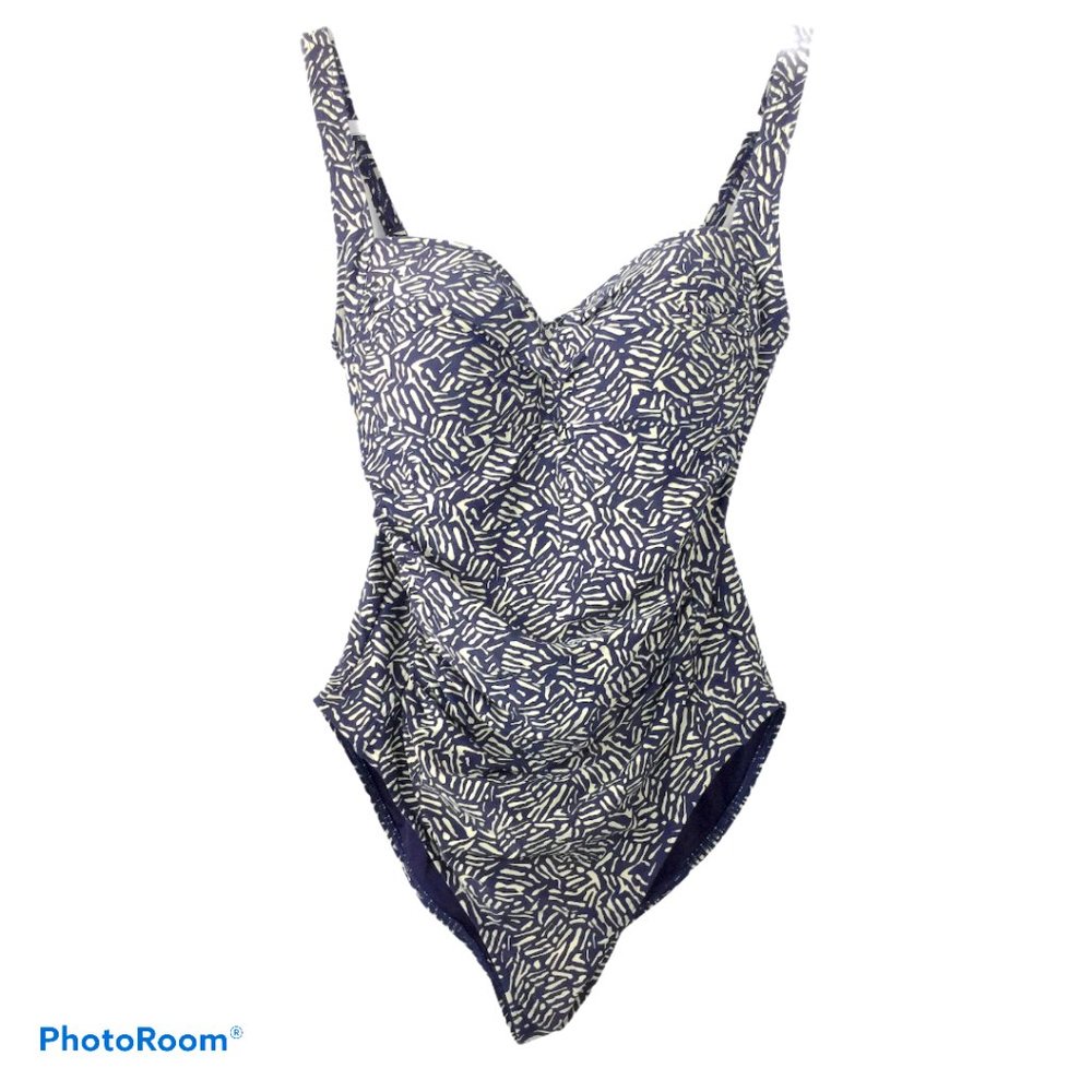NIP TUCK Sz 8 One Piece Navy Cream pattern Ruched